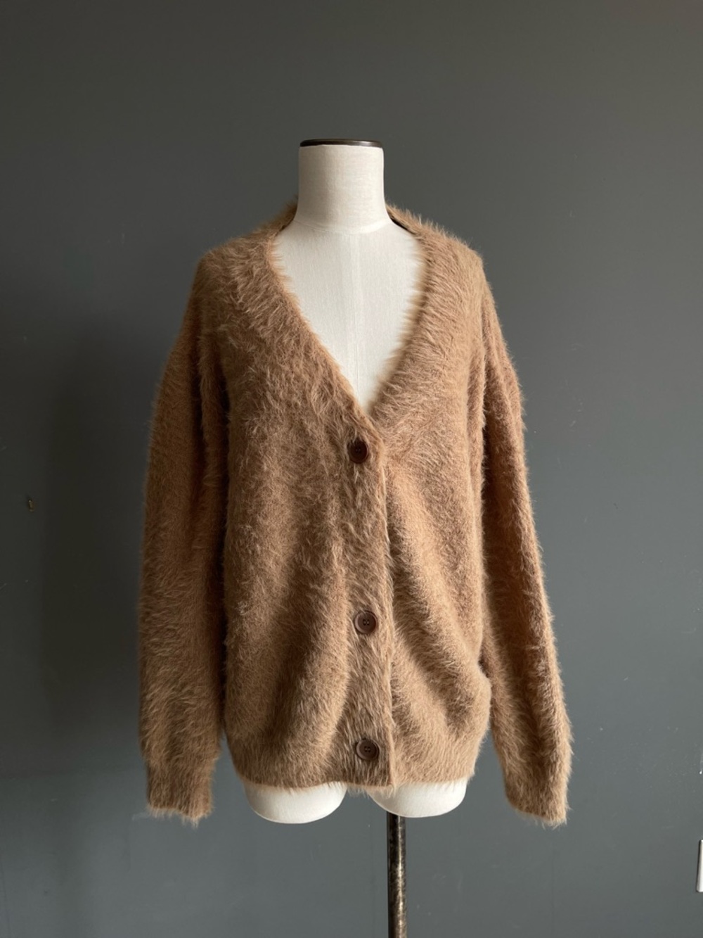 Fuzzy Knit Cardigan Camel Brown Oversized Soft Minimal Luxe Cozy Sweater Toteme